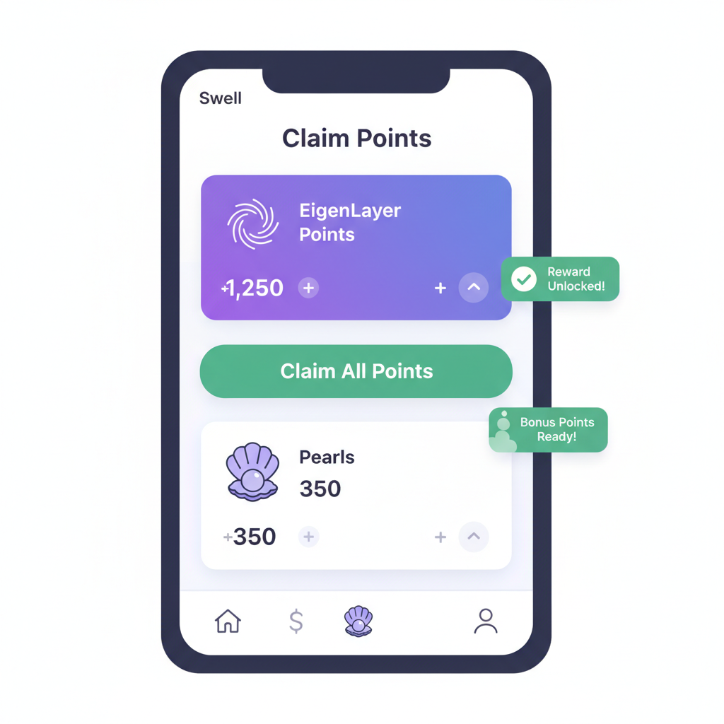 claiming points dashboard on Swell app, EigenLayer and Pearls icons, reward notifications