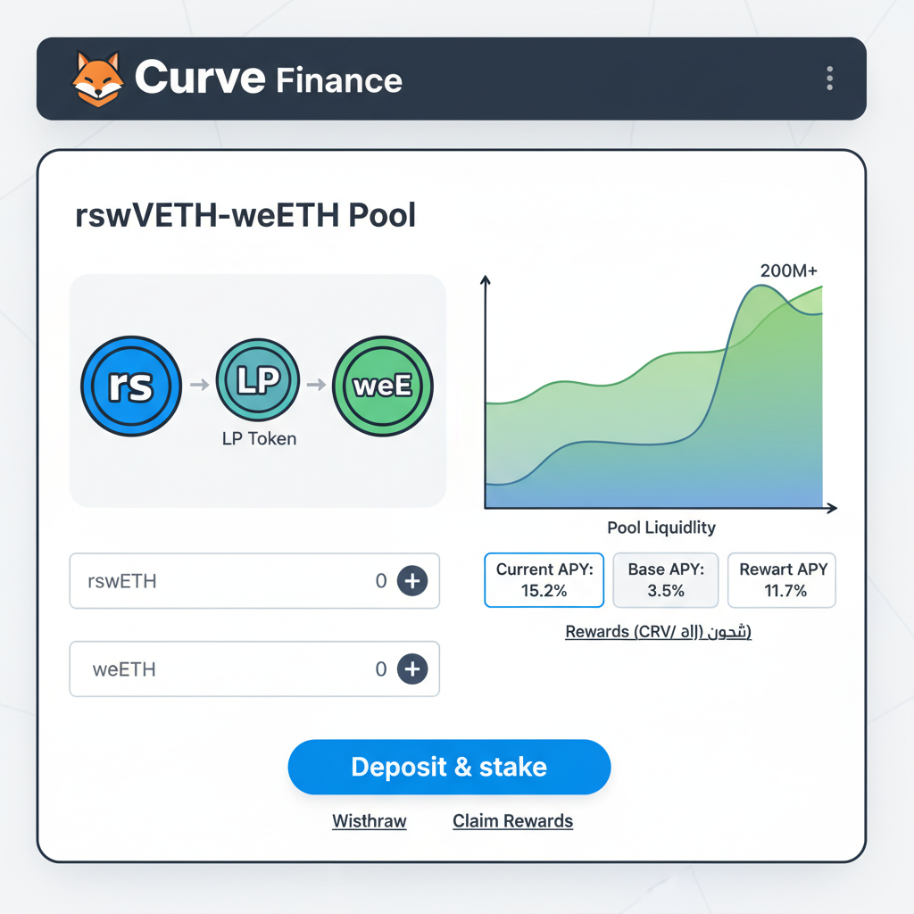 Curve Finance LP deposit interface for rswETH-weETH pool, liquidity chart, DeFi yields