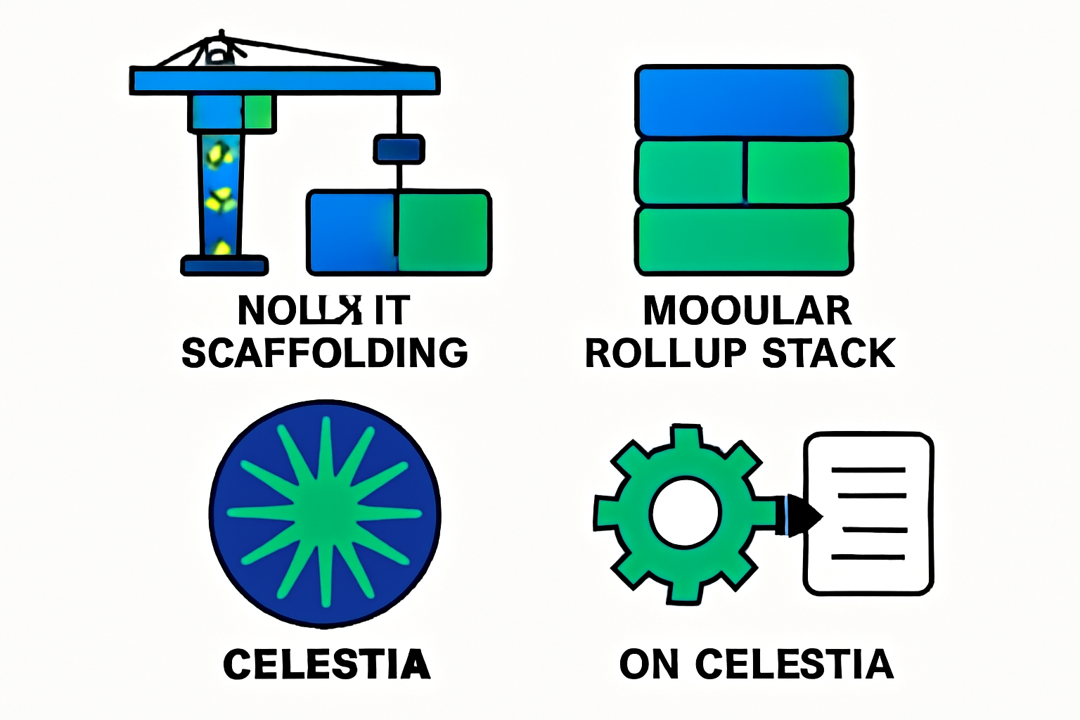 rollkit scaffolding modular rollup stack on Celestia, clean diagrams, vibrant blues and greens