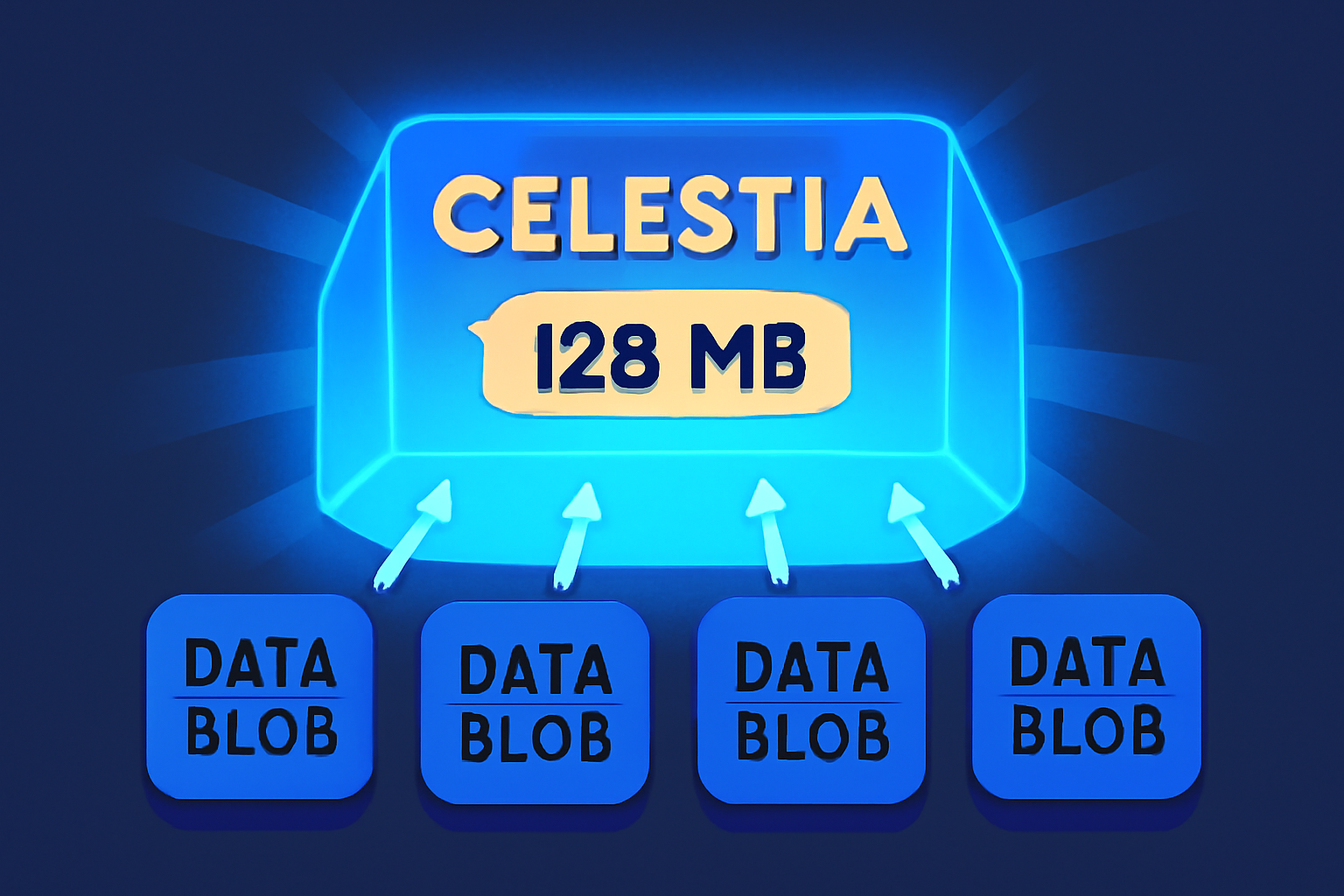 data blobs uploading to massive 128MB Celestia block, expansive scale, glowing energy