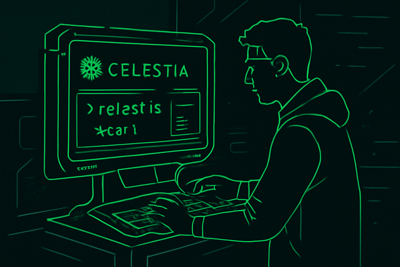 developer configuring Celestia node on futuristic terminal, neon green accents, cyberpunk vibe