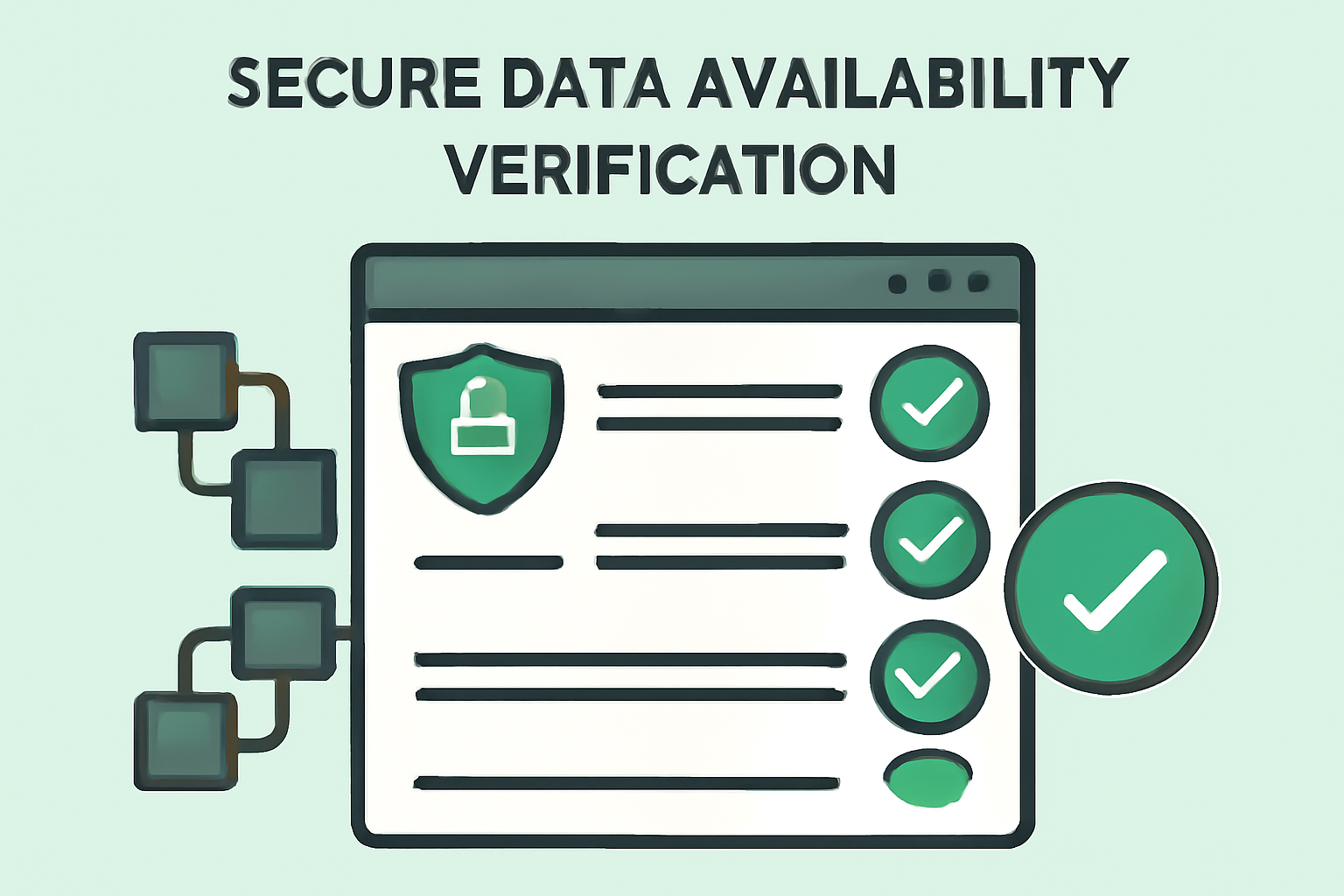 secure data availability verification dashboard, green checkmarks, blockchain security theme