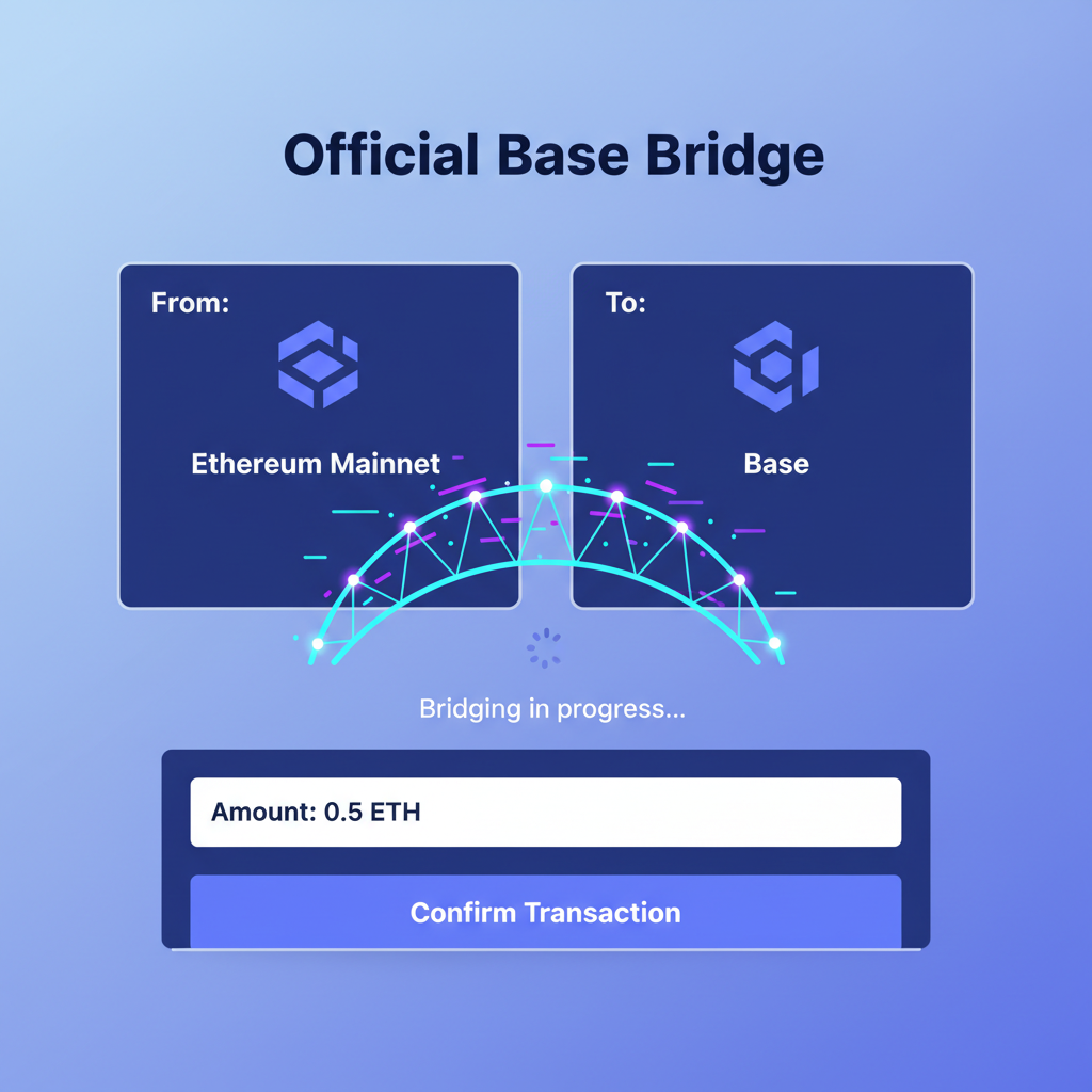 user bridging ETH to Base chain via official bridge interface, glowing bridge animation, neon blues, clean UI screenshot