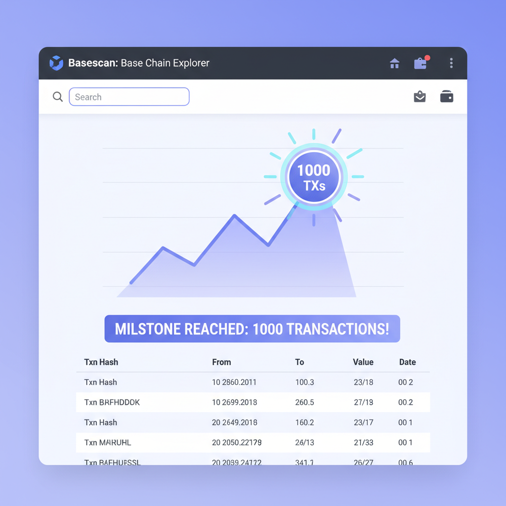 Basescan transaction history showing 1000 TXs milestone, ascending graph, Base chain explorer UI, achievement badge glow