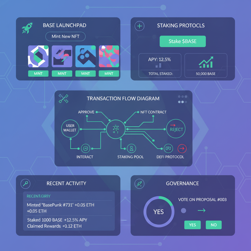 diverse Base dApps dashboard, NFT mint and staking interfaces, transaction flow diagram, futuristic UI collage