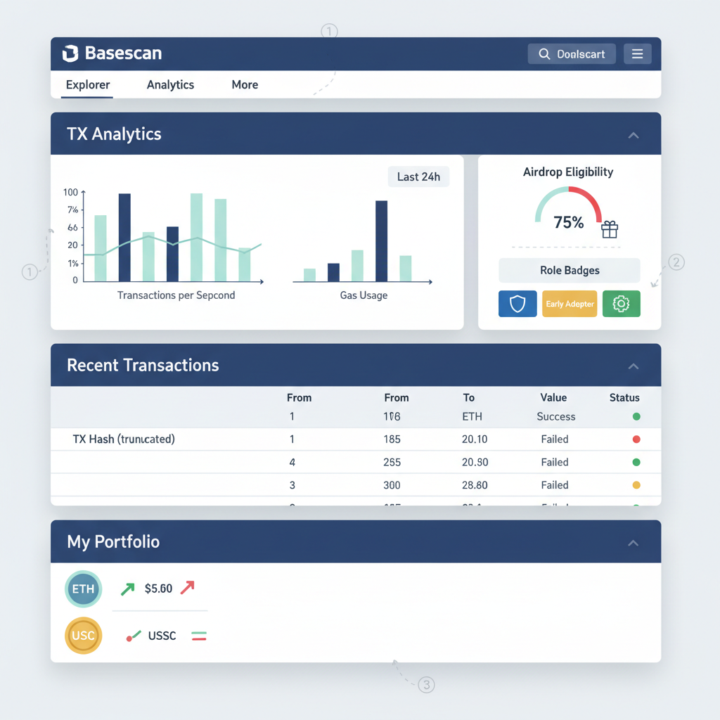 Basescan dashboard with TX analytics, role badges, airdrop eligibility meter, professional crypto tracker UI
