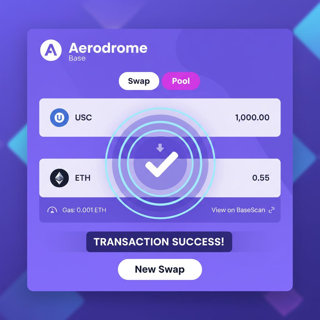 Aerodrome DEX swap interface on Base, USDC to ETH trade, transaction success animation, vibrant purple interface
