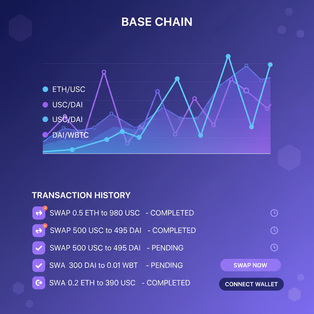 multiple DEX swaps on Base chain, token pairs chart, transaction history list, dynamic purple blue tones