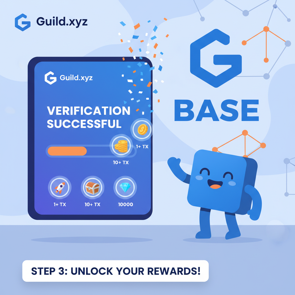 Guild.xyz role verification success, badges unlocking for TX milestones, confetti animation, Base ecosystem theme