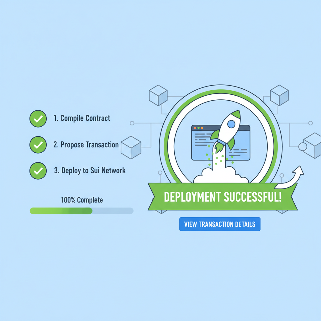 Sui Move contract publishing success screen, blockchain deployment animation, green checkmarks --ar 16:9