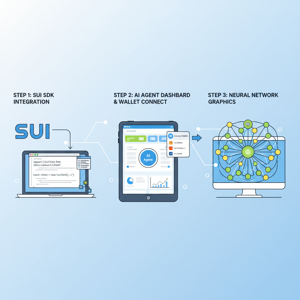 TypeScript code integrating Sui SDK, AI agent dashboard with wallet connection, neural network graphics --ar 16:9