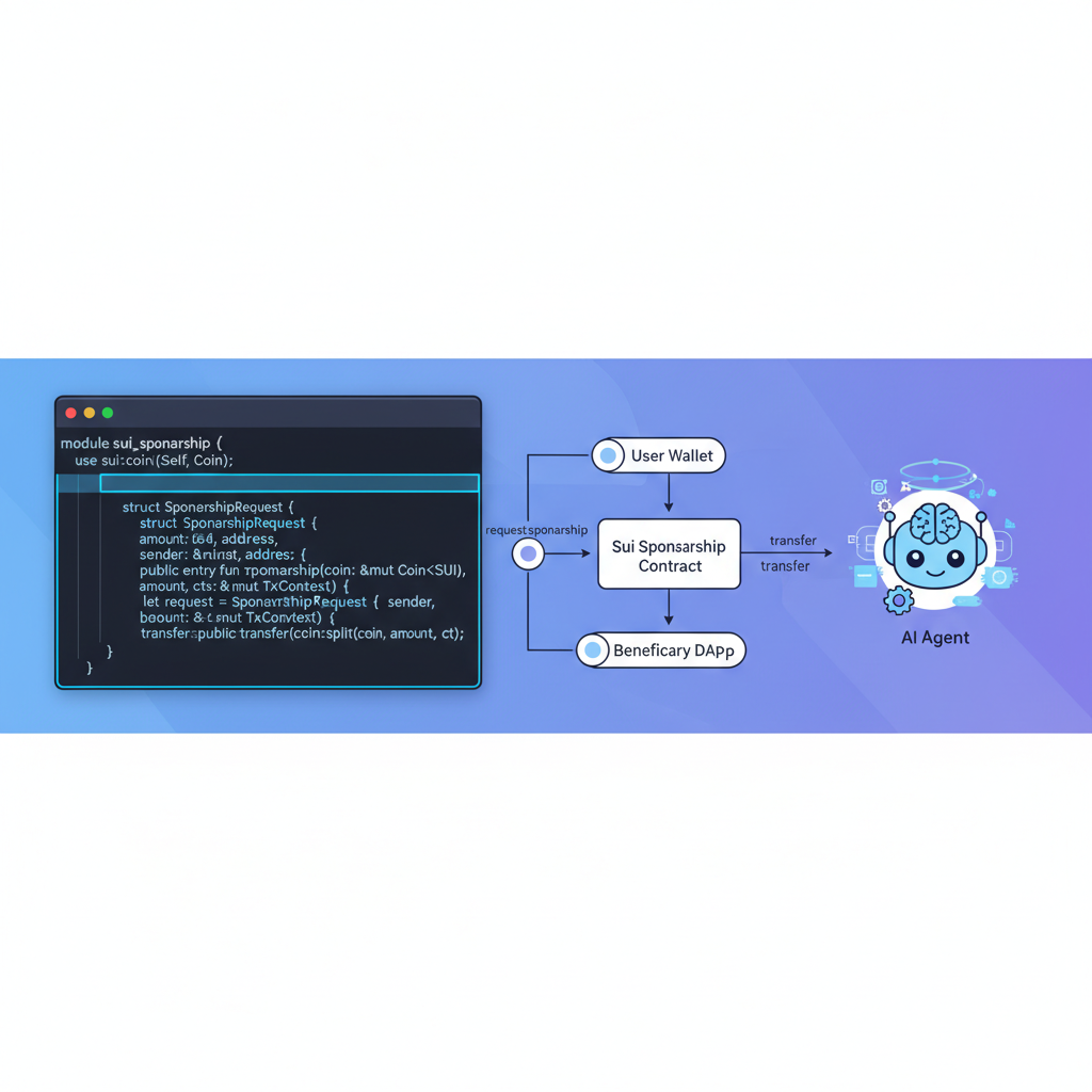Move code editor with Sui sponsorship module highlighted, smart contract diagram, AI agent icon --ar 16:9