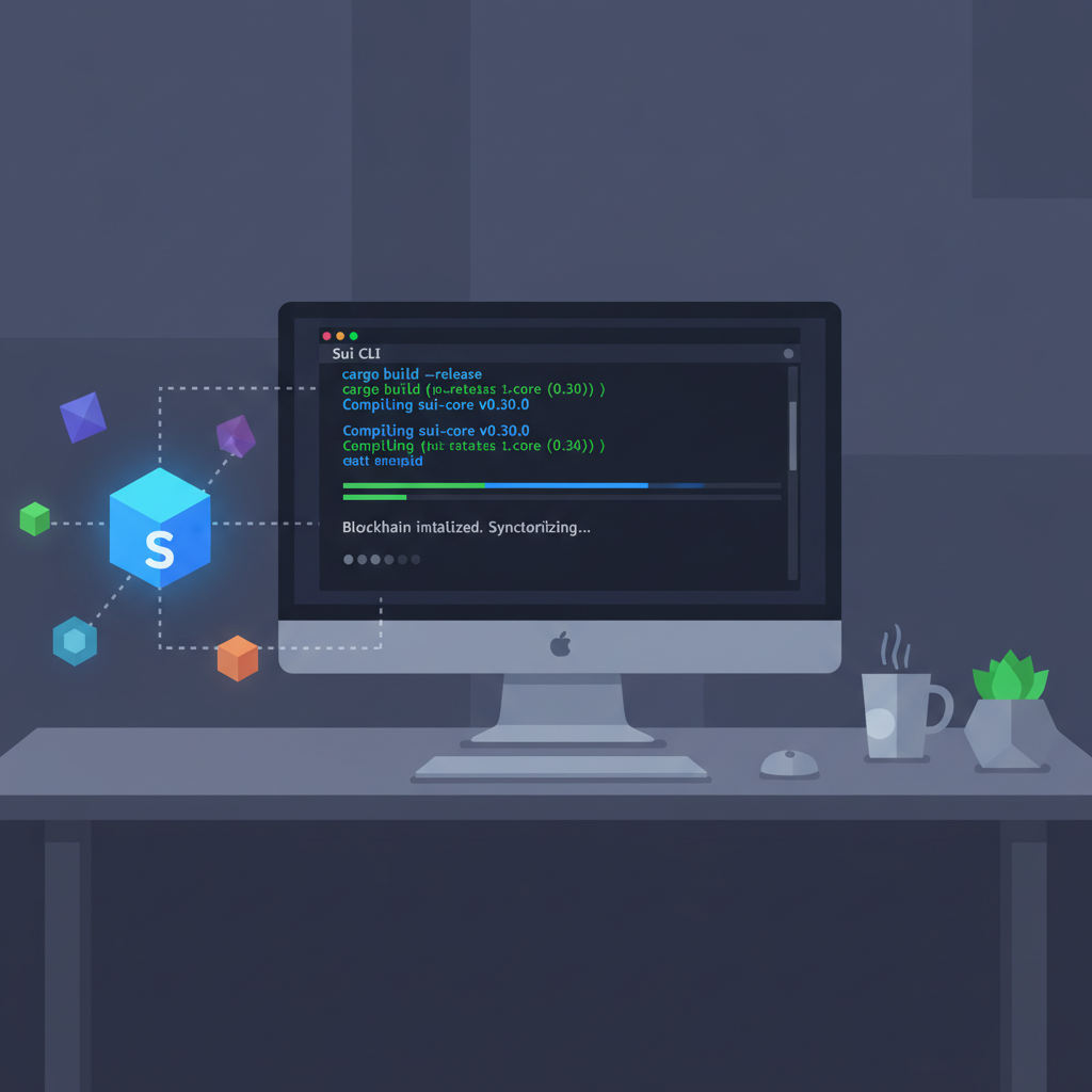 Sui CLI terminal setup on developer desk, code compiling, blockchain icons, dark mode --ar 16:9