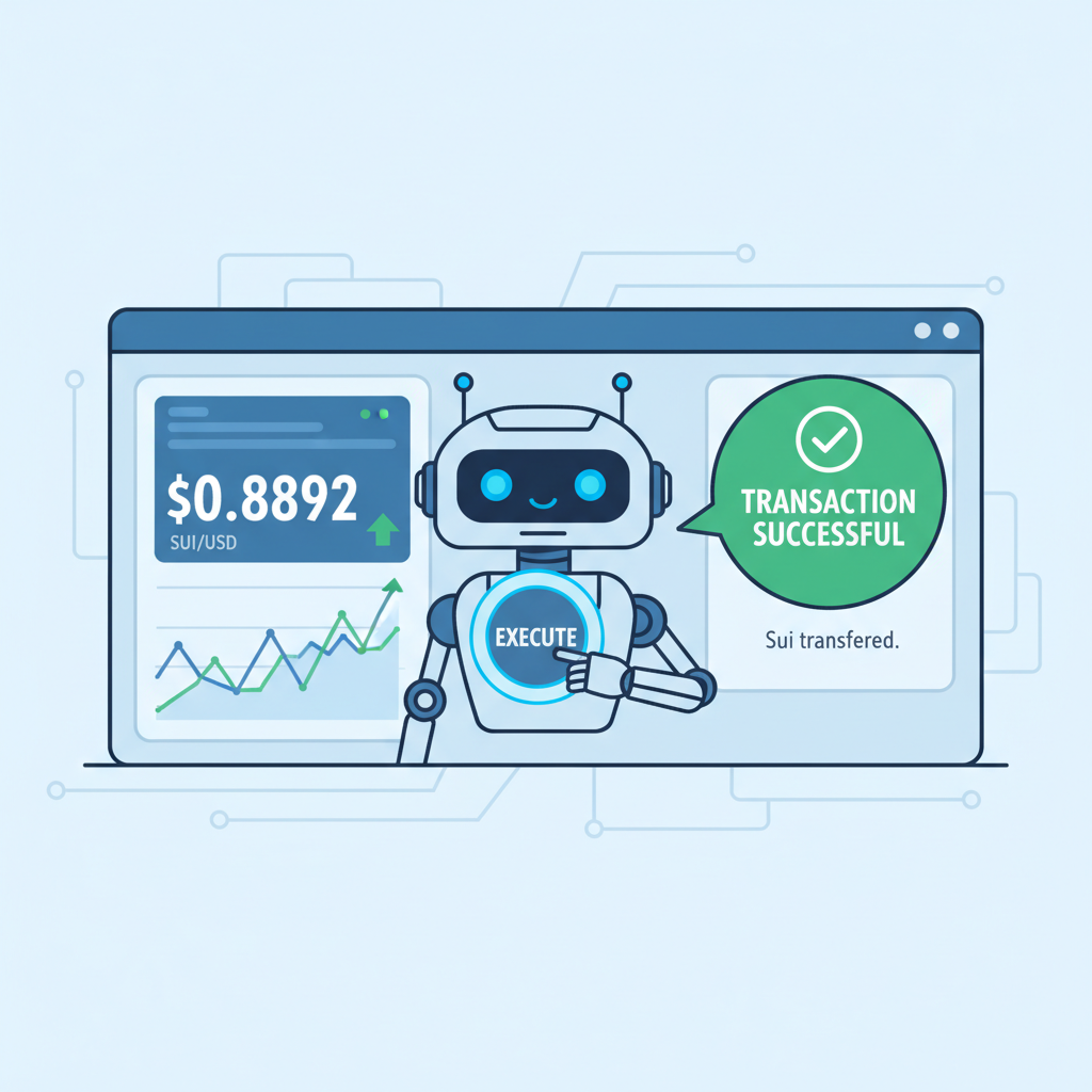 AI trading bot executing Sui transaction, price chart showing $0.8892, success notification --ar 16:9
