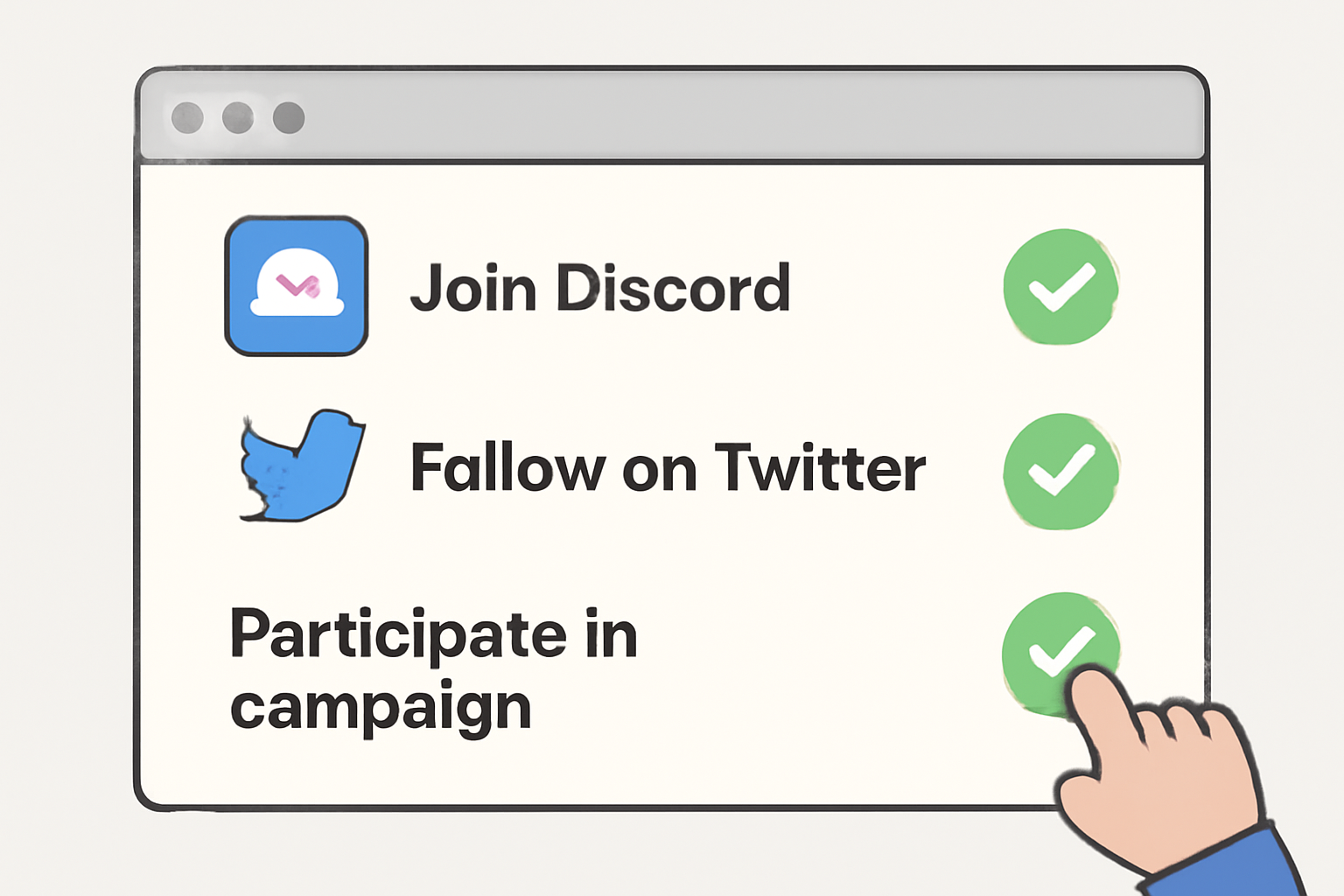 A checklist of social tasks (join Discord, follow on Twitter, participate in a campaign) being marked as completed on a website.