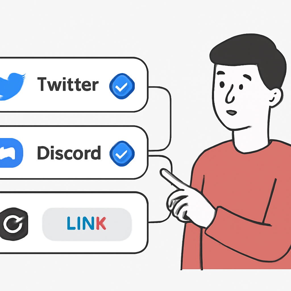 A user linking social media accounts (Twitter, Discord) to a crypto platform, with verification checkmarks.