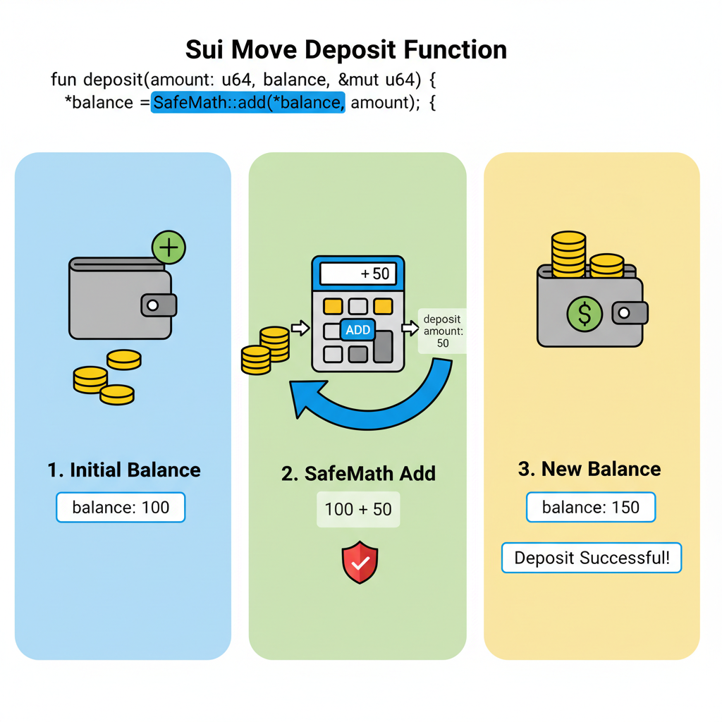 Sui Move code for deposit function using SafeMath library, highlighting add operation