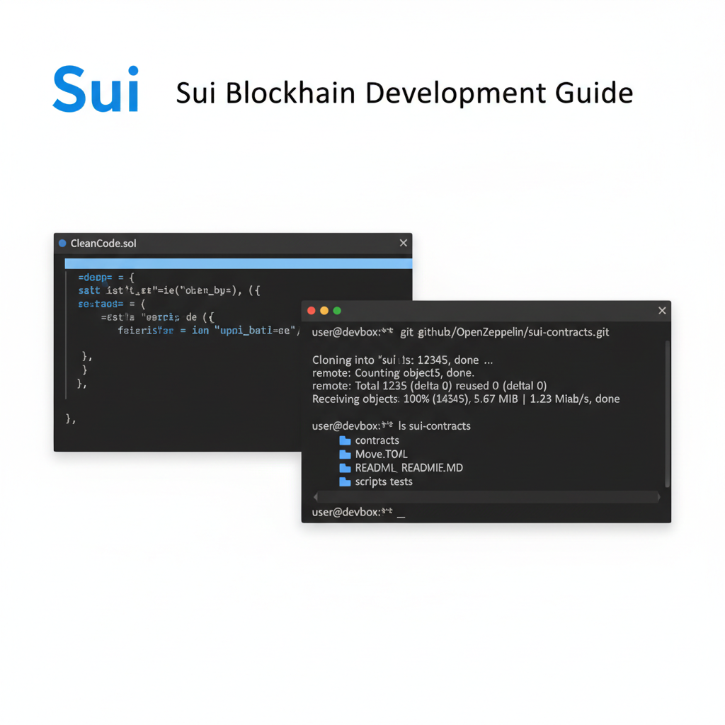 Developer terminal setup for Sui blockchain with OpenZeppelin repo cloned, clean code editor background