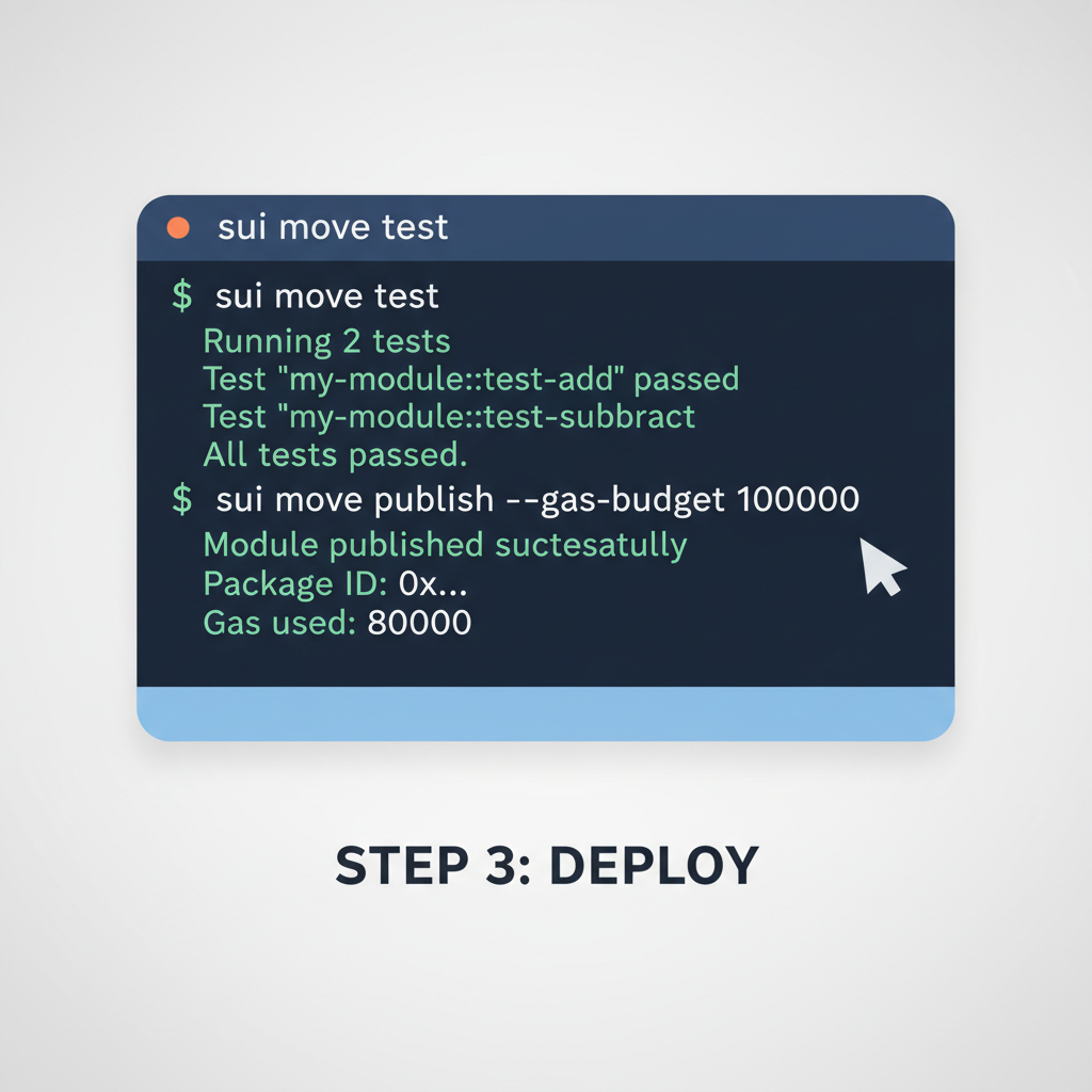Sui CLI terminal running move test and deploy commands successfully