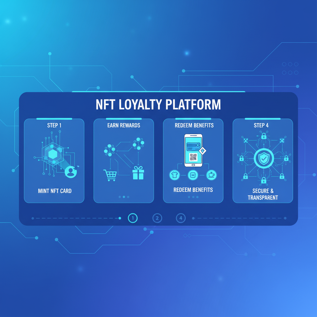 modern NFT loyalty card platform dashboard, blockchain nodes connecting to e-commerce icons, blue futuristic tones