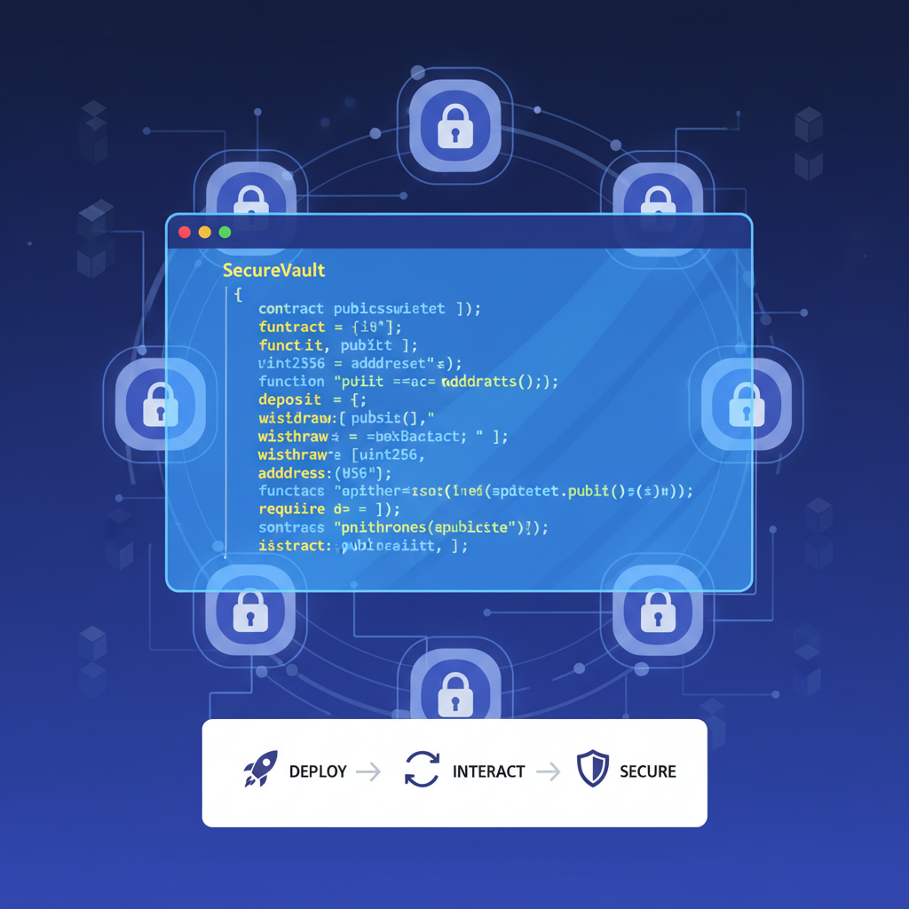 smart contract code on glowing blockchain screen, Solidity syntax highlighted, secure vault icons