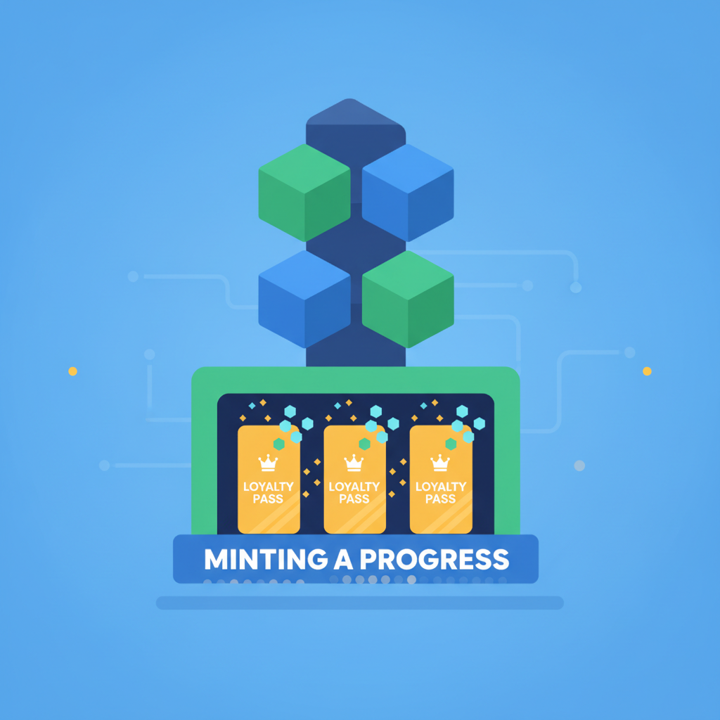 NFT loyalty card minting animation, golden cards emerging from blockchain press, digital sparkles