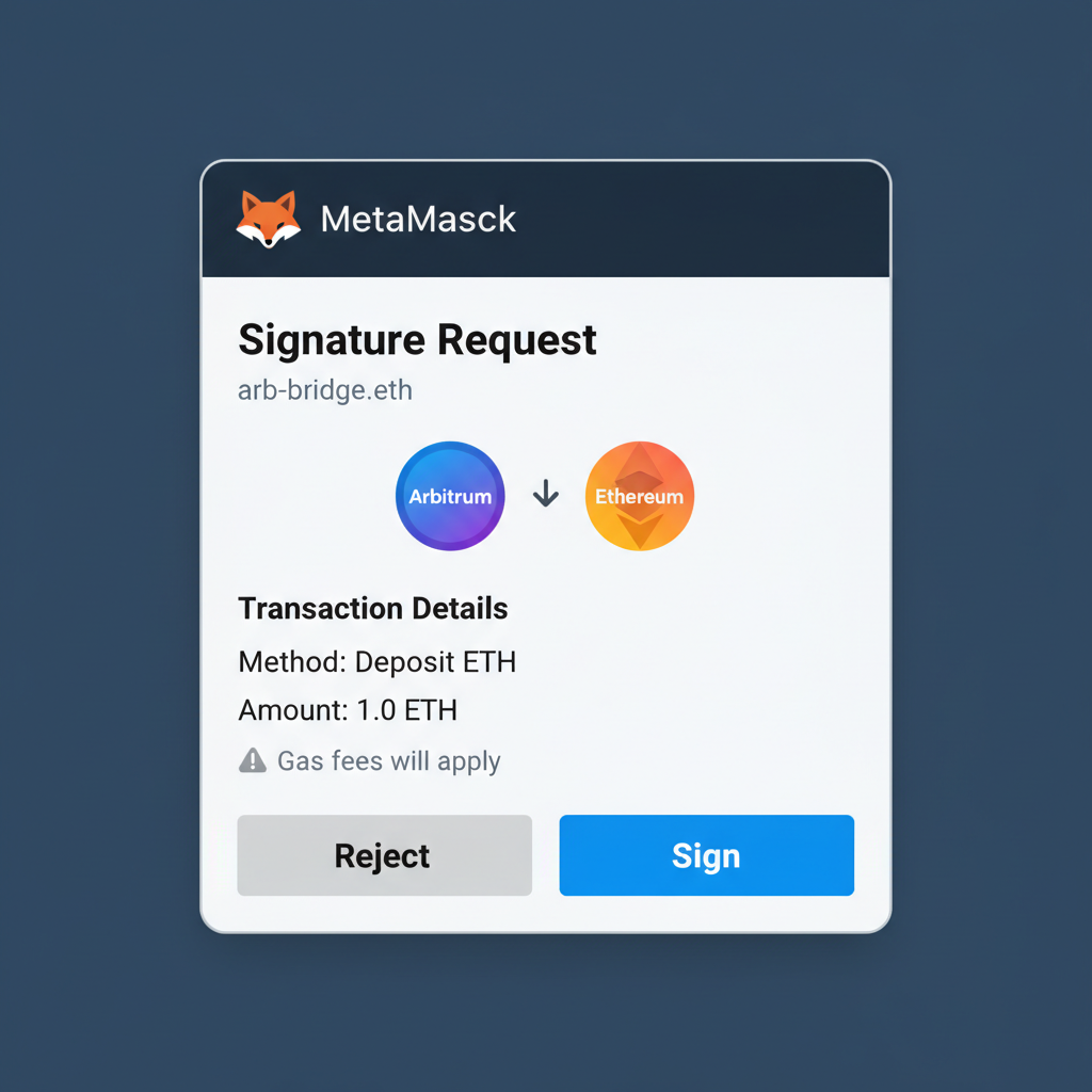 MetaMask transaction approval screen for arbitrum bridge deposit, signature request