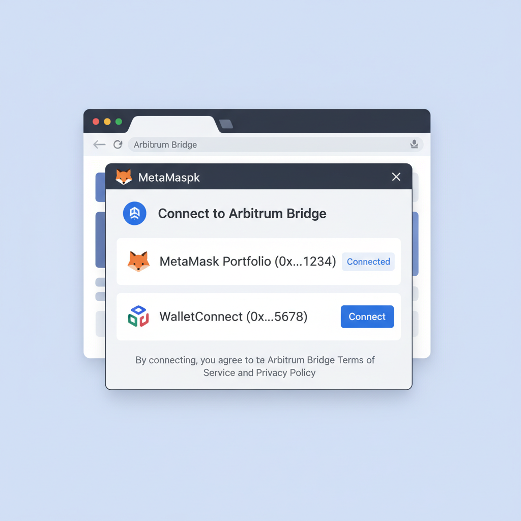 MetaMask popup connecting to arbitrum bridge, wallet selection screen, browser extension view