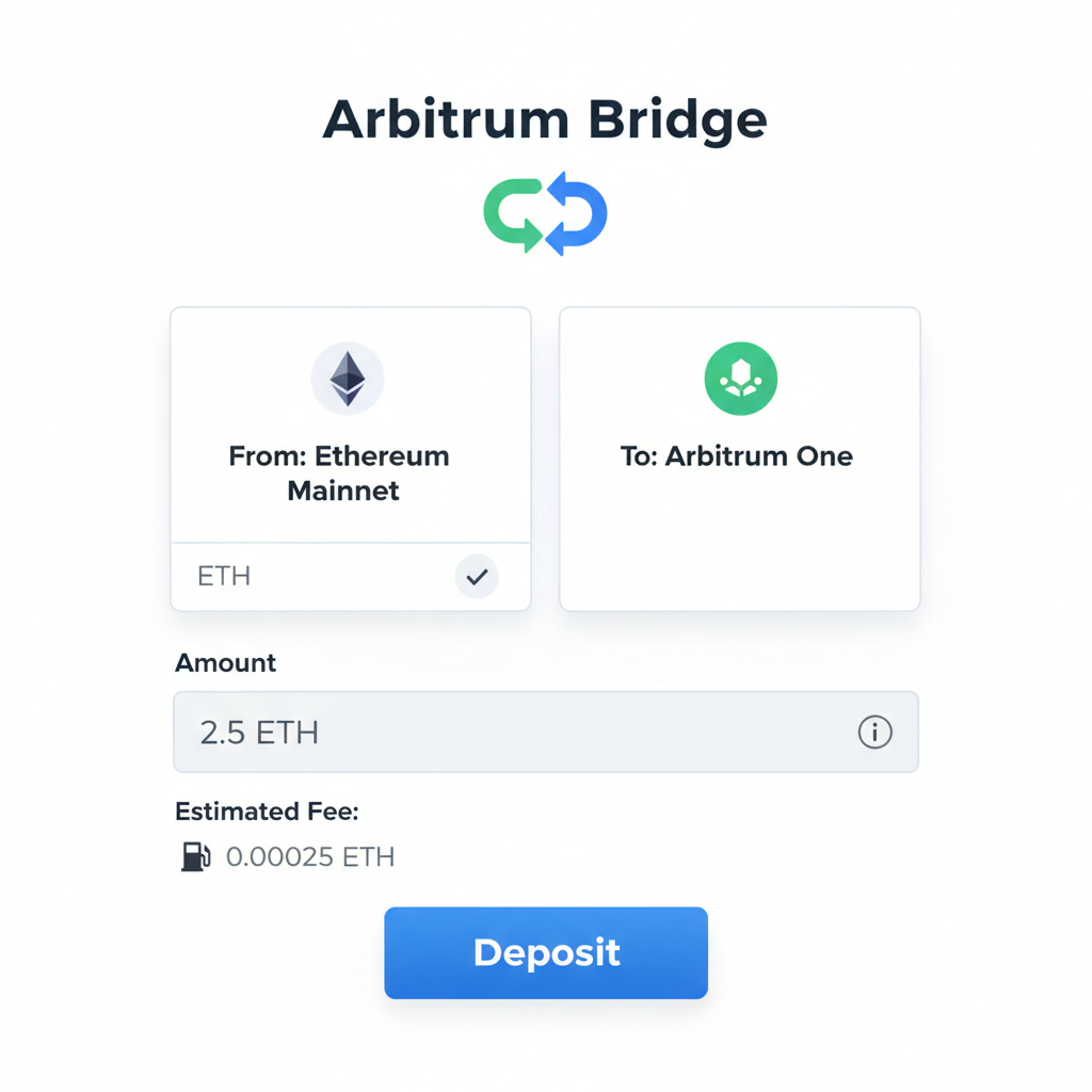 arbitrum bridge deposit form with ETH selected, amount input field, fee estimate visible