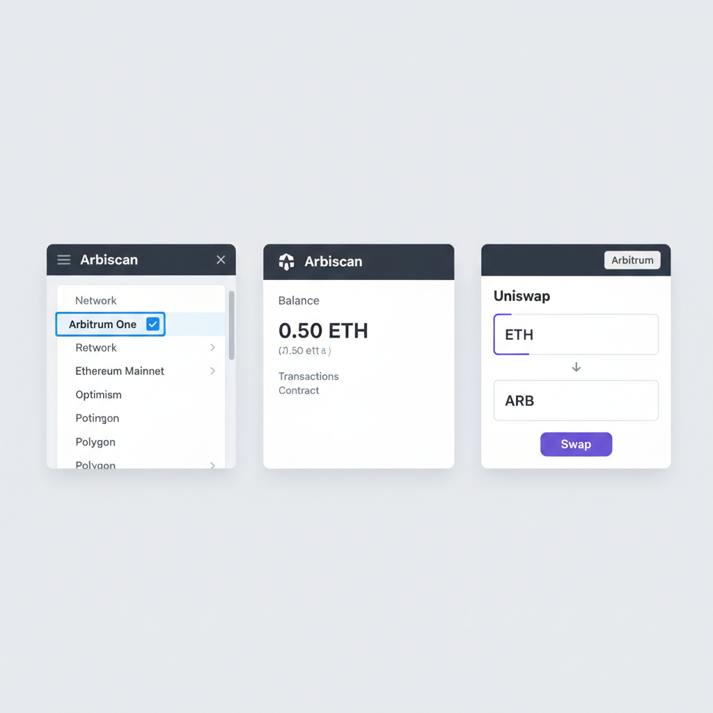 metamask dropdown showing arbitrum one selected, arbiscan balance page, uniswap arb interface