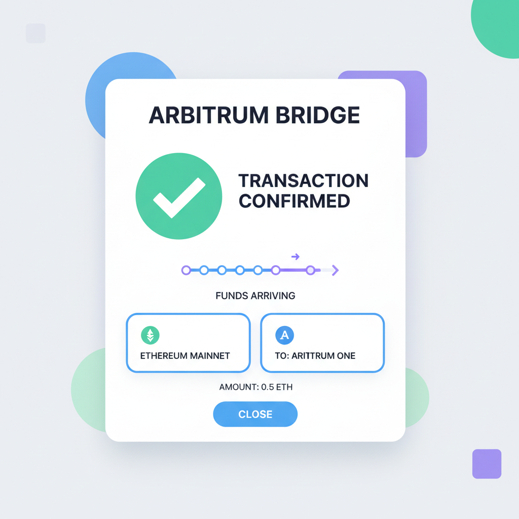 arbitrum bridge confirmation screen with success checkmark, funds arriving animation