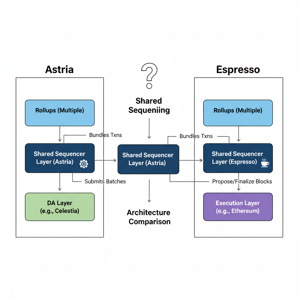 clean diagram comparing Astria and Espresso shared sequencers architectures, professional tech style