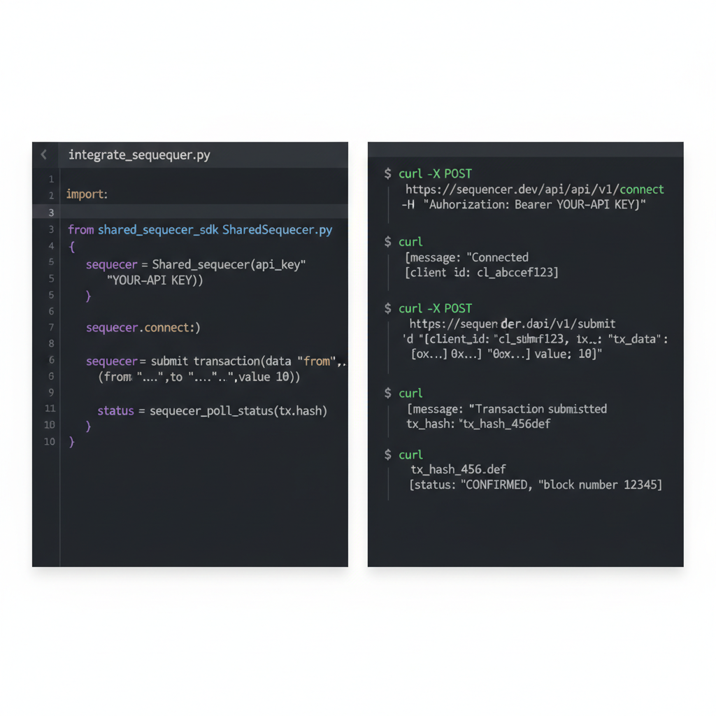 developer code screenshot integrating shared sequencer SDK, terminal with API calls, dark mode