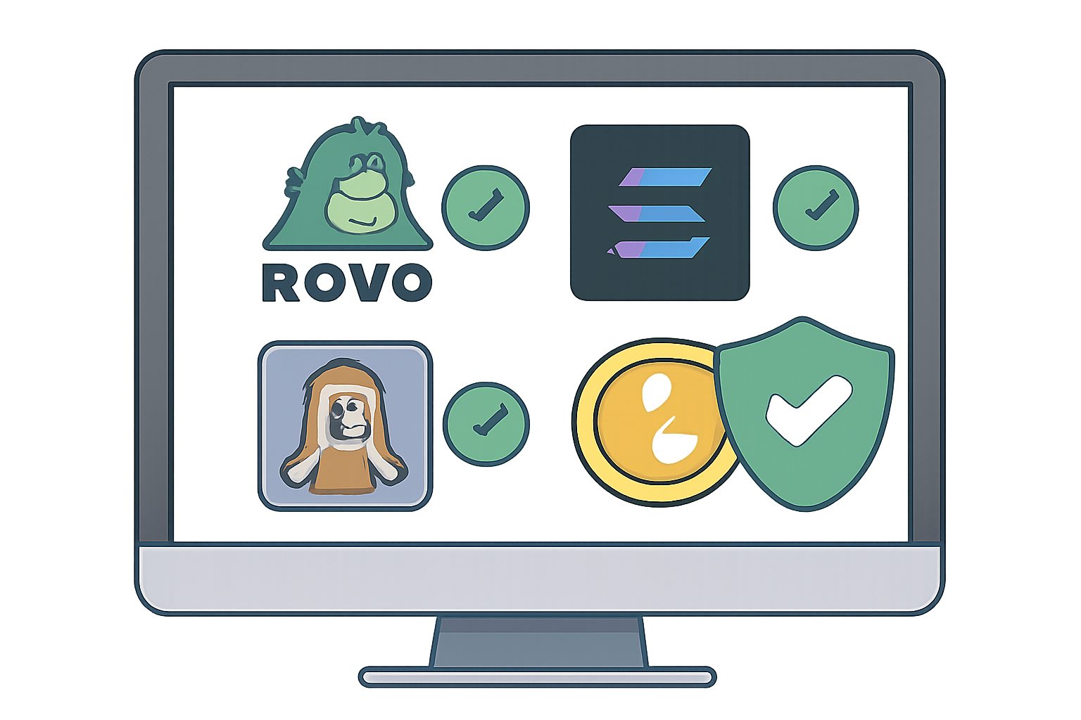 A selection of Solana lending dApp logos (like Rocko) on a computer screen, with checkmarks and a shield for security.