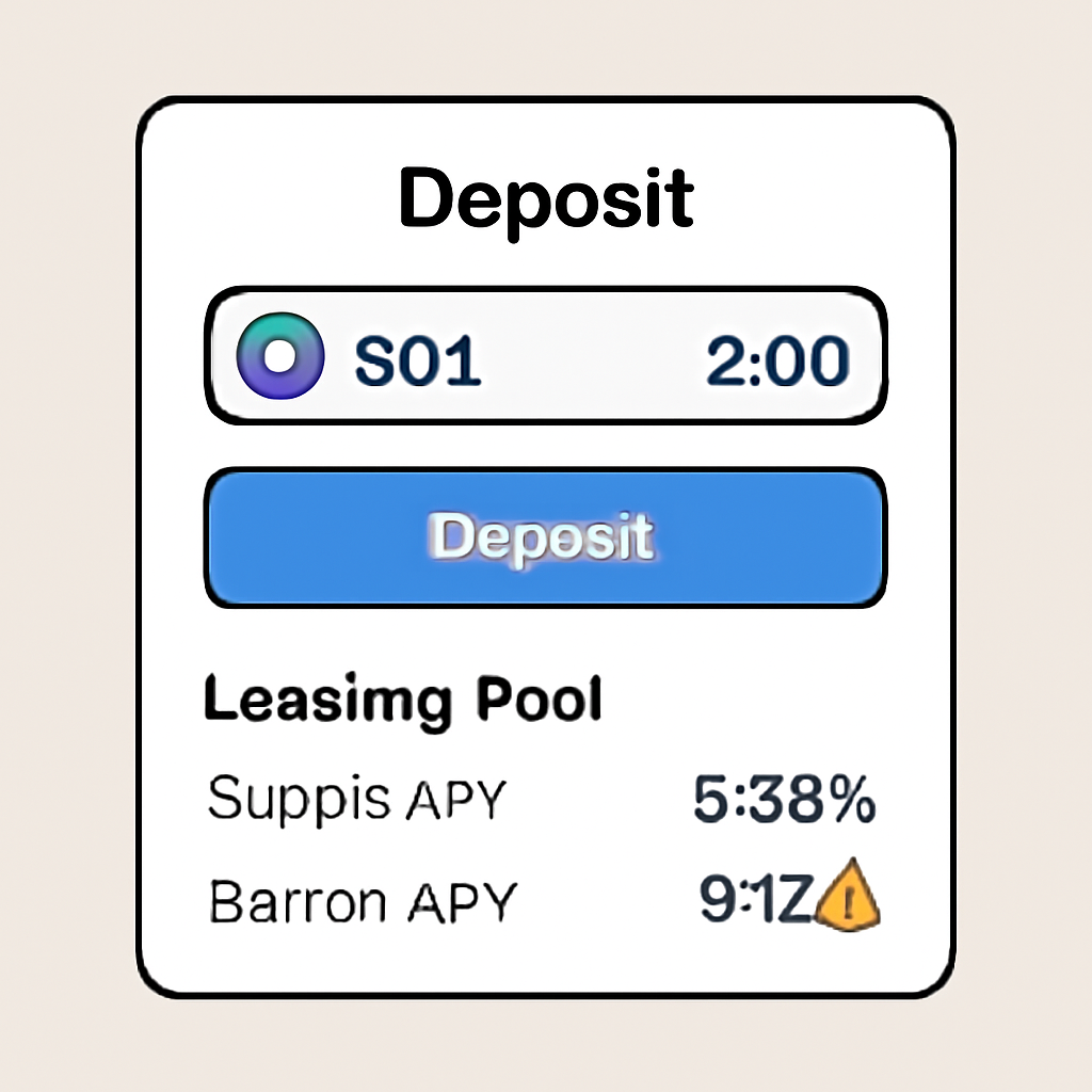 A digital dashboard showing a user depositing SOL into a lending pool, with yield percentages displayed and a warning sign about high yields.
