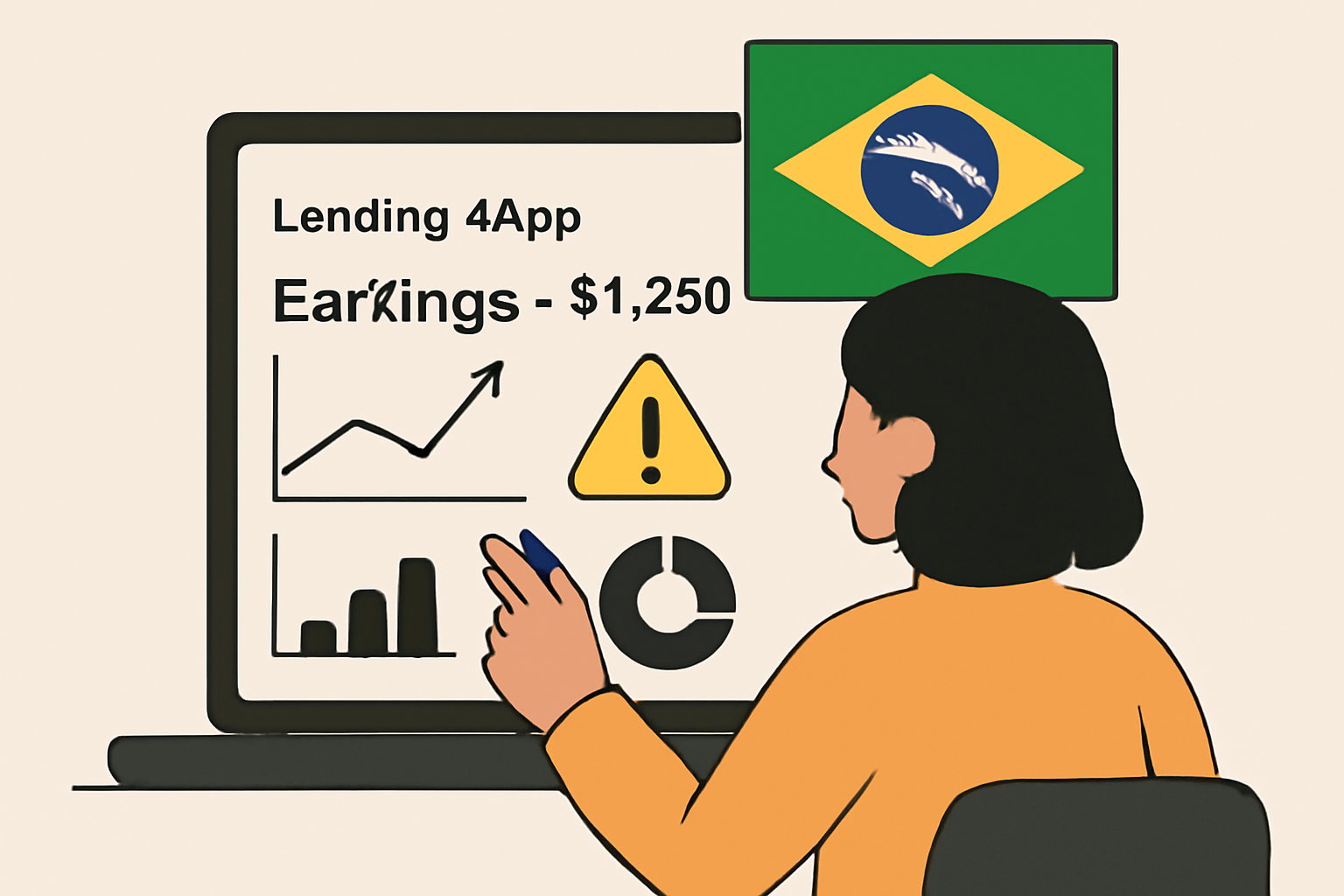 A user reviewing their earnings on a lending dApp dashboard, with graphs, a caution icon, and the Brazilian flag in the background.