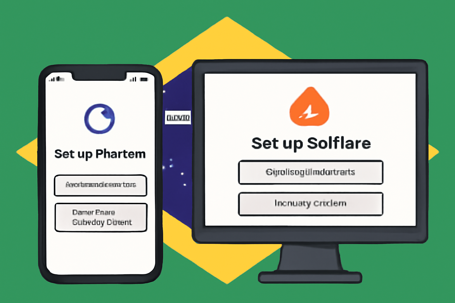 A smartphone and computer screen showing the Phantom and Solflare wallet setup process, with a Brazilian flag in the background.