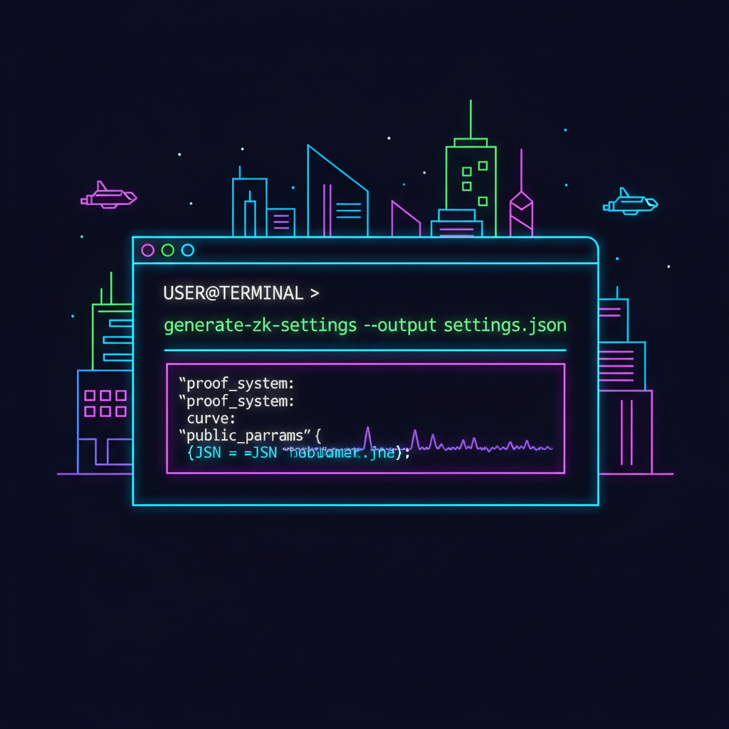 terminal command generating zk settings json file, neon cyberpunk glow, futuristic