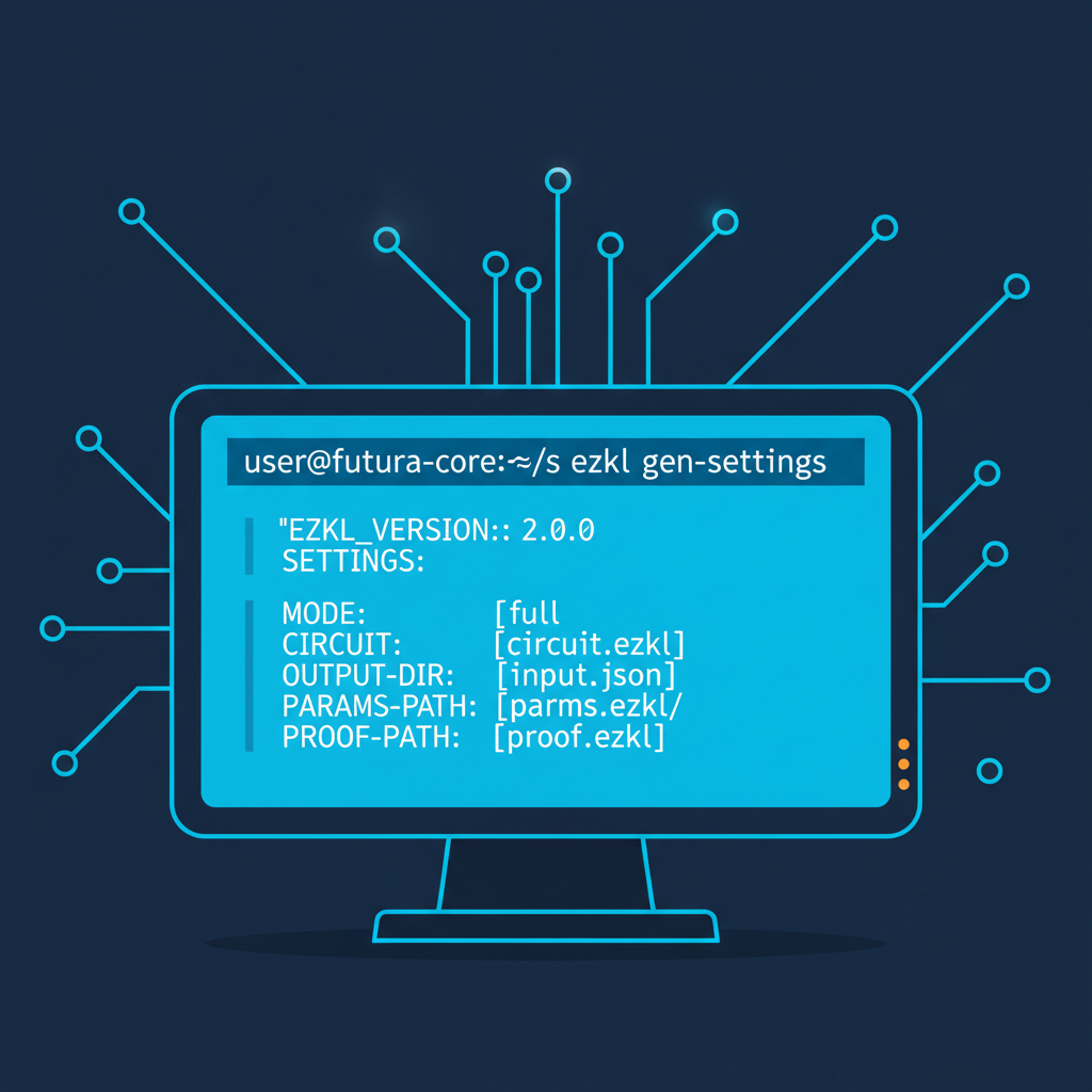terminal running ezkl gen-settings command, glowing json output, futuristic circuit diagram