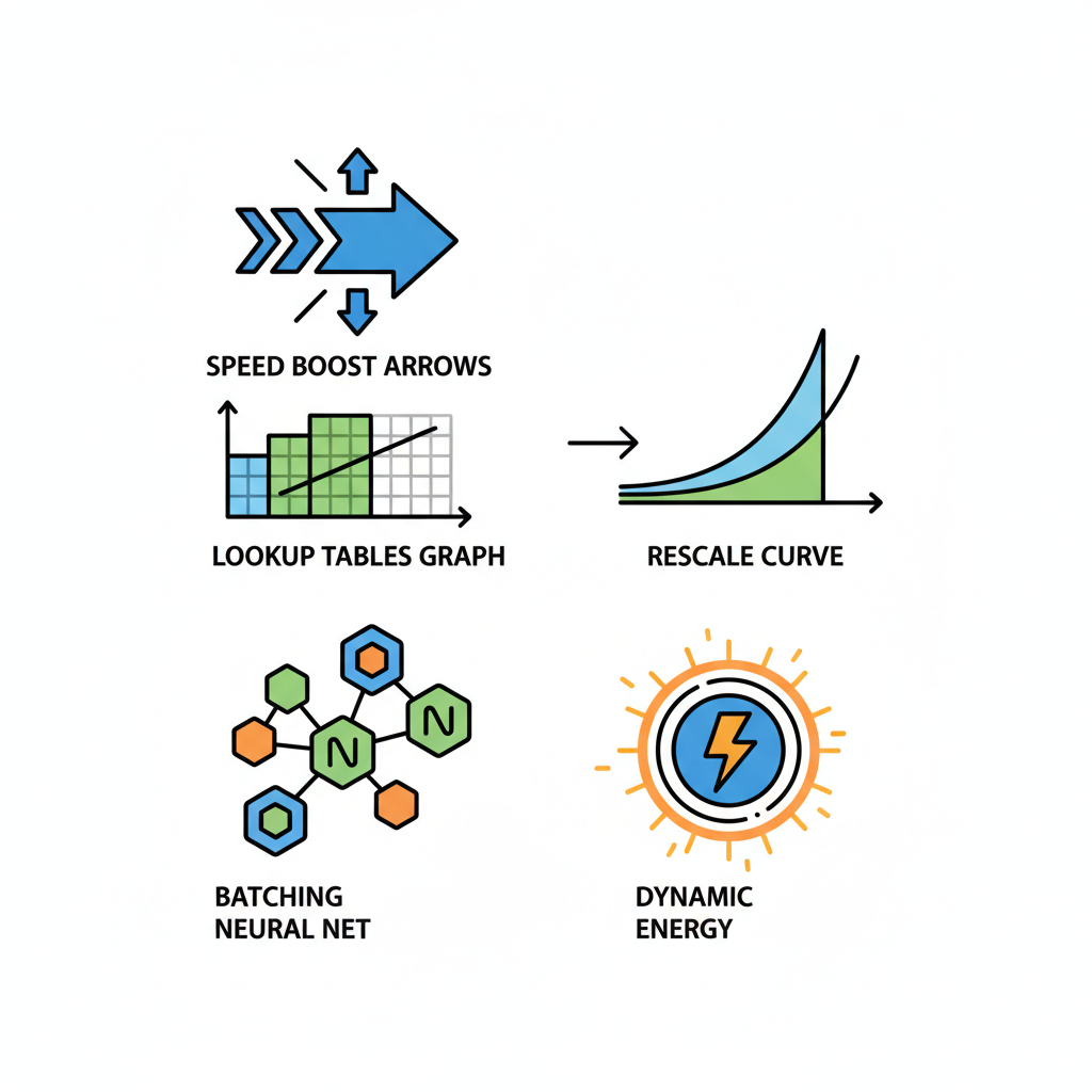 speed boost arrows, lookup tables graph, rescale curve, batching neural net, dynamic energy