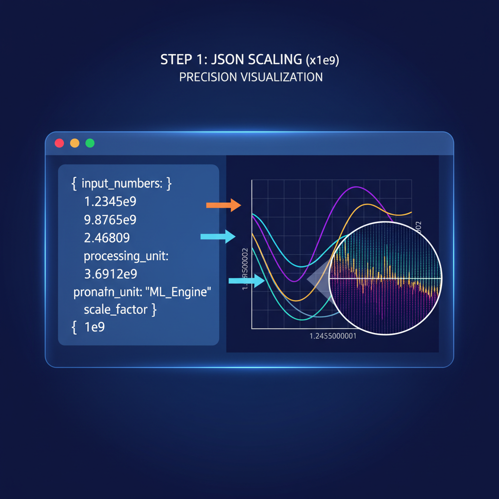 json editor scaling ml input numbers x1e9, precision graphs zooming in, vibrant tech glow