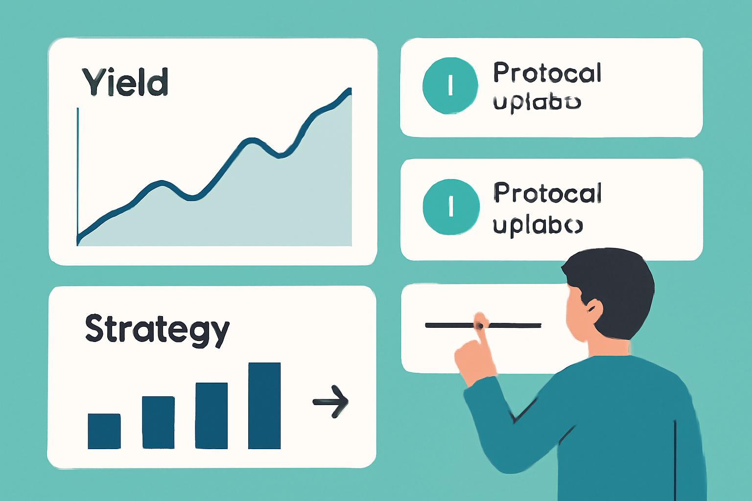 A dashboard view with charts tracking yield, notifications about protocol updates, and a user adjusting their strategy.