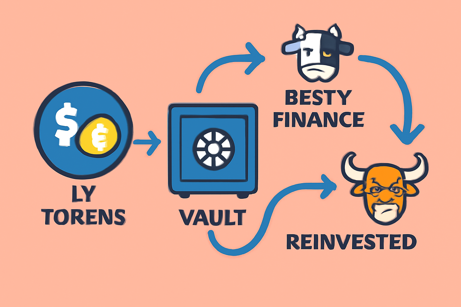 LP tokens being deposited into a vault, with icons of Beefy Finance and Yield Yak, and arrows showing rewards being reinvested.