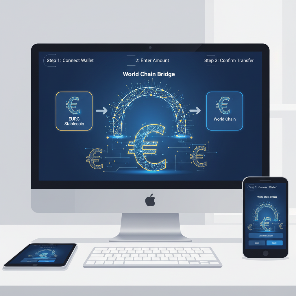 bridging EURC stablecoin on World Chain bridge interface, glowing euro symbols, professional finance scene
