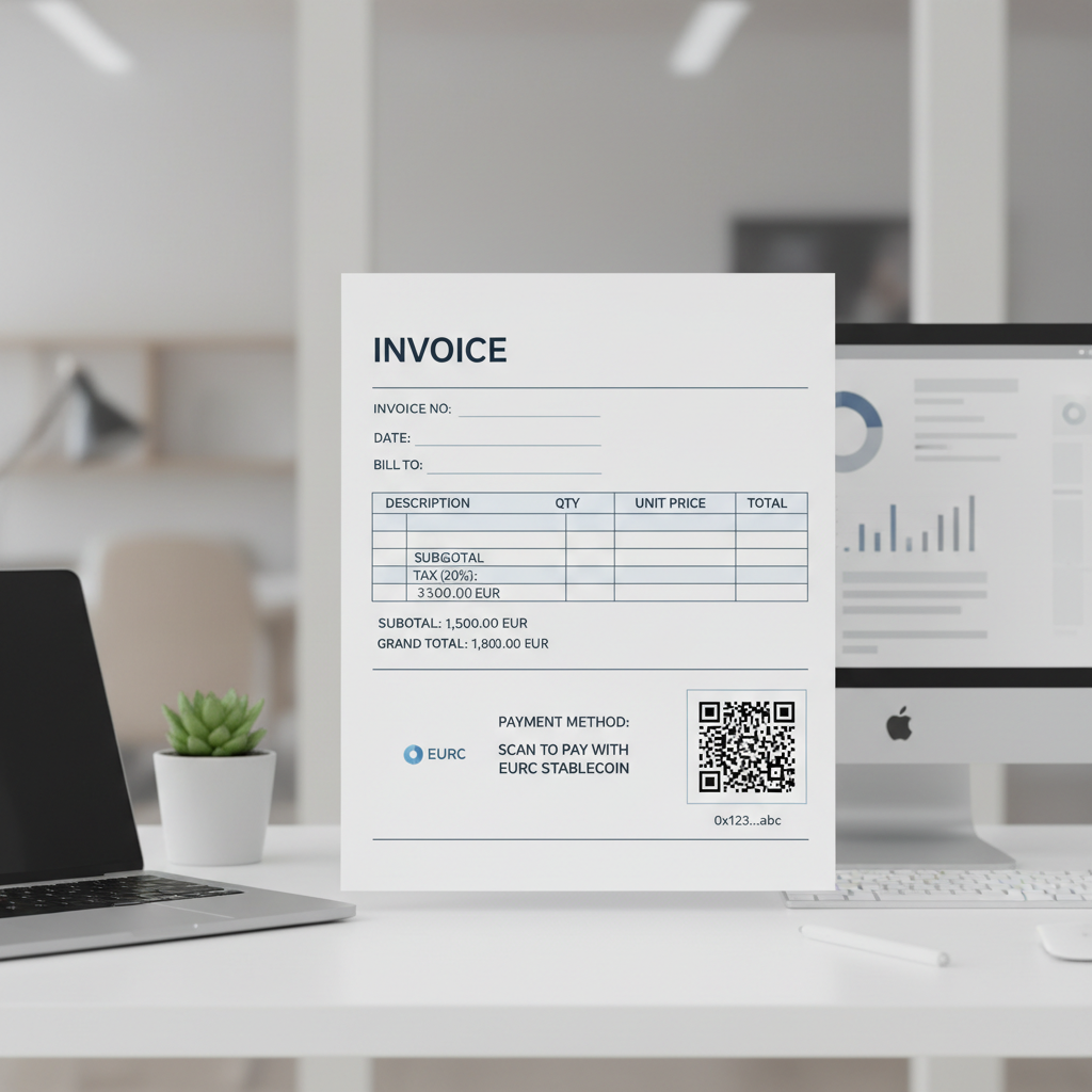 professional invoice with EURC stablecoin payment QR code, elegant office desk, modern business