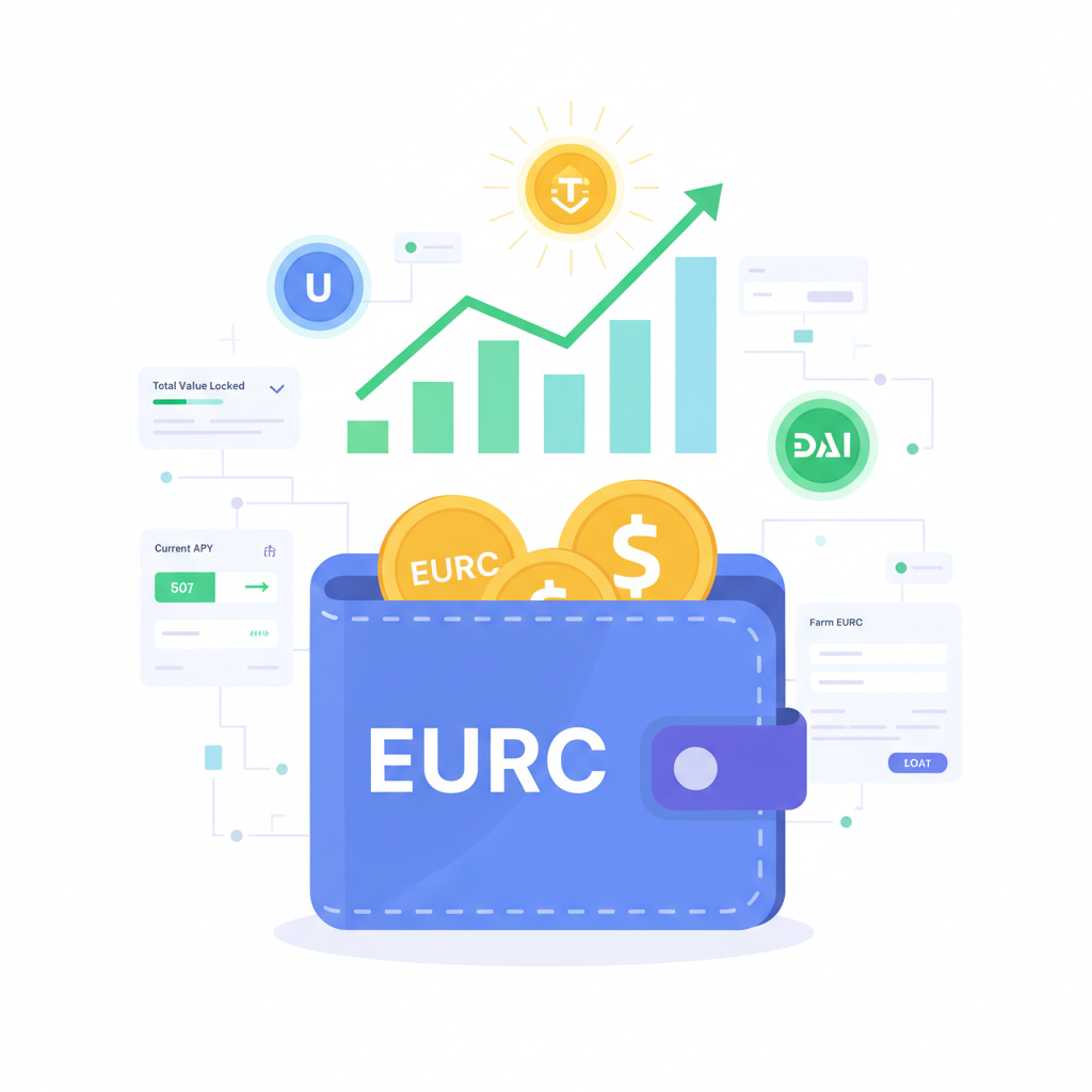 wallet holding EURC with yield farming charts, glowing stablecoin icons, sophisticated DeFi dashboard