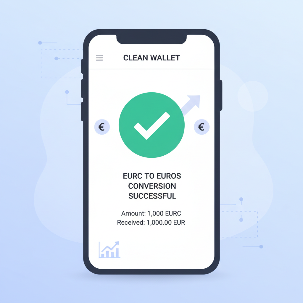 redeeming EURC to euros on clean app interface, success checkmark, elegant financial settlement