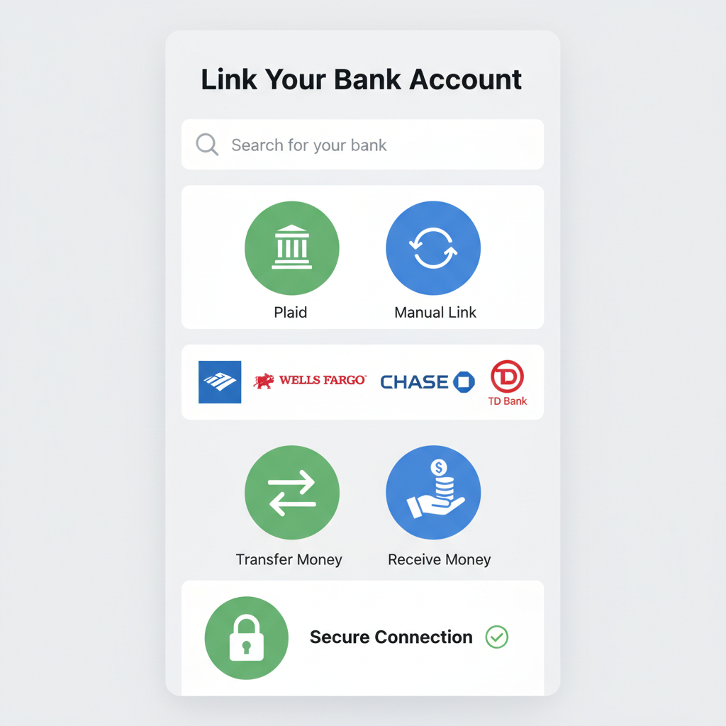 SoFi app interface linking bank account, money transfer icons, secure padlock