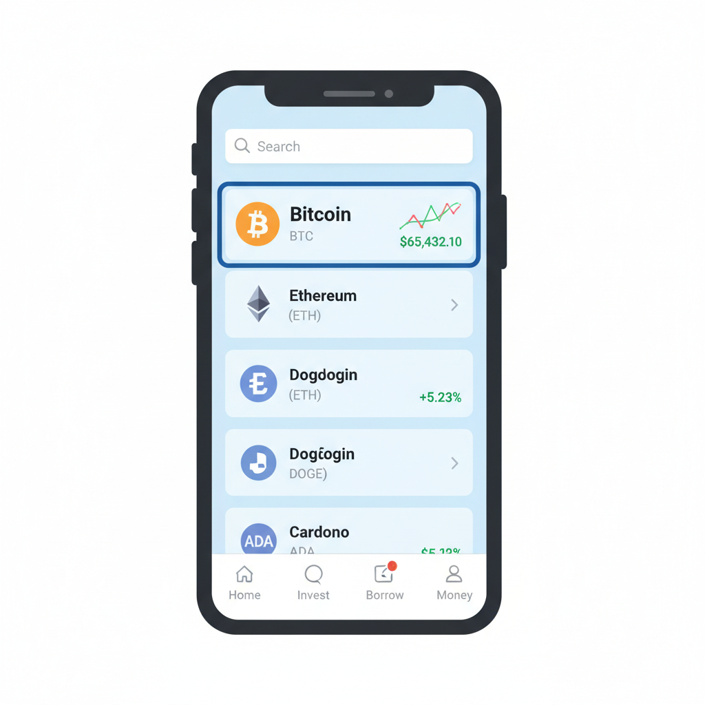 SoFi app crypto search screen with Bitcoin BTC highlighted, price chart visible