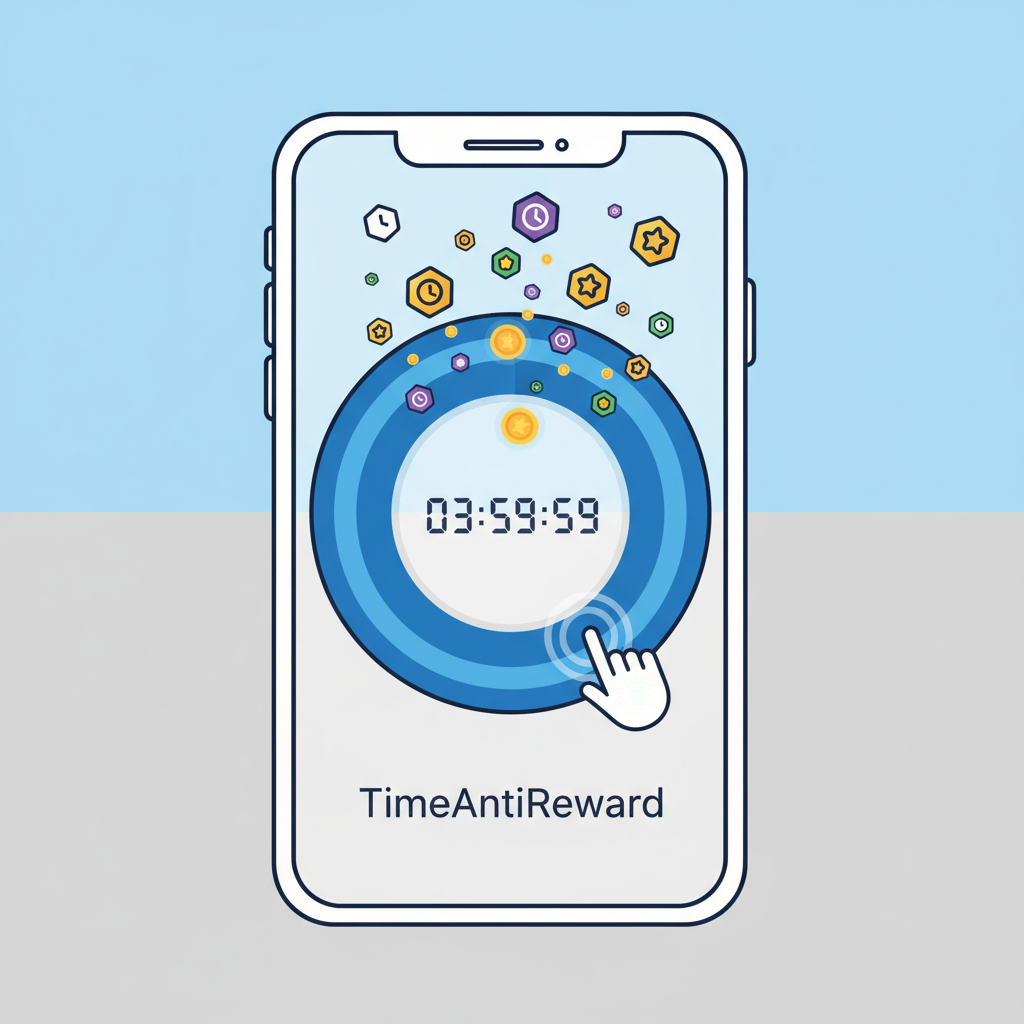 app timer showing 4-hour countdown for TimeAntiReward, reward tokens popping up